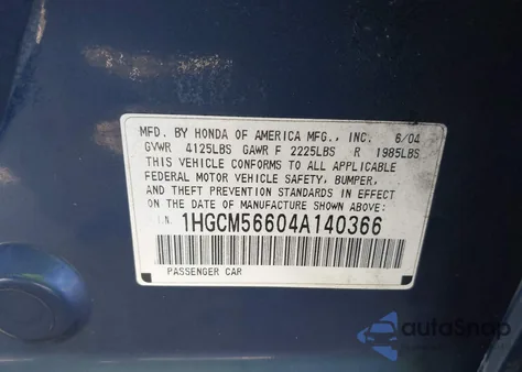 2004 Honda Accord 2.4 Ex from USA, damaged, VIN 1HGCM56604A140366